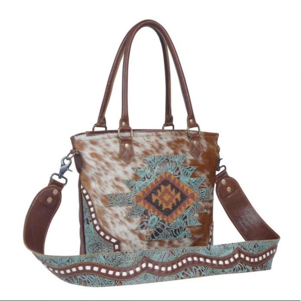 New Genuine Leather Bohemian Western Print Tote Bag Shoulder Bag Handbag - Picture 2 of 13